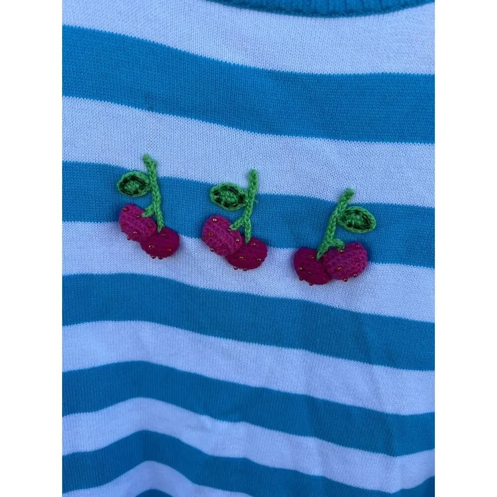 Quacker Factory Women's knit Tank Sleeveless Cherry Embroidered Stripe Medium